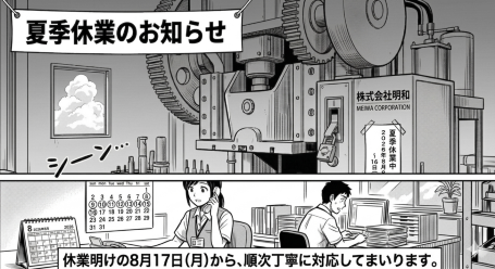 愛知県安城市の金属加工会社 株式会社明和 2026年夏季休業のお知らせ（8月17日(月)から通常営業）