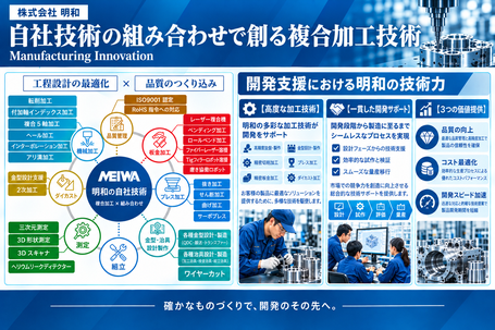 明和の複合加工技術の図解。機械加工・板金加工・プレス加工・ダイカスト・金型／治具設計製作・測定・組立・品質管理の自社技術と、設計・試作・評価・量産まで一貫した開発支援、品質向上・コスト最適化・開発スピード加速の3つの価値を紹介