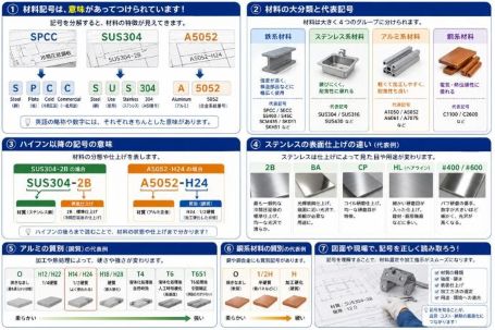 金属材料記号（SPCC・SUS304・A5052など）の意味と読み方、ステンレスの表面仕上げ・アルミの調質記号の図解
