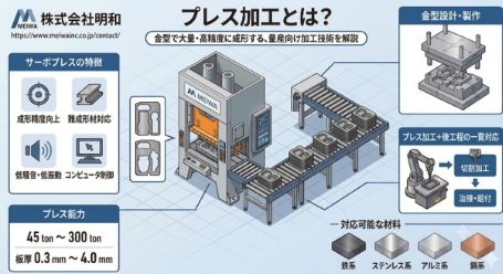 プレス加工とは？ 金型で大量・高精度に成形するサーボプレスの仕組みと対応材料の解説図