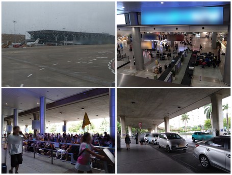 ベトナム・ホーチミンのタンソンニャット国際空港の様子。雨の駐機場、手荷物受取所、出迎えの人で混み合う到着口、タクシー乗り場の4枚