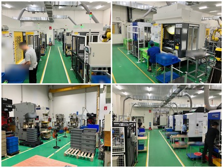明和ベトナムの工場内。マシニングセンタが並ぶ通路、マシニングセンタの前で作業するスタッフ、プレス加工エリア、マシニングセンタのライン
